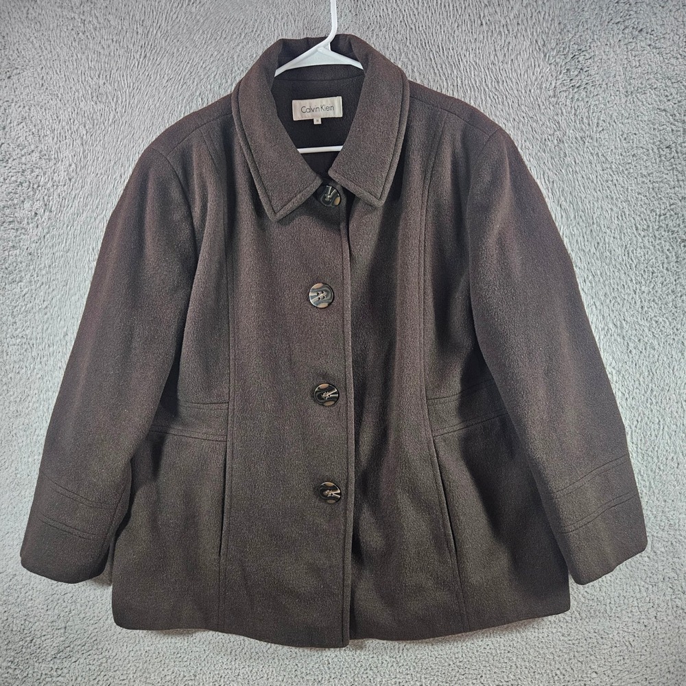 Calvin Klein Womens 1X Brown Wool Blend Button Front Peacoat Jacket
